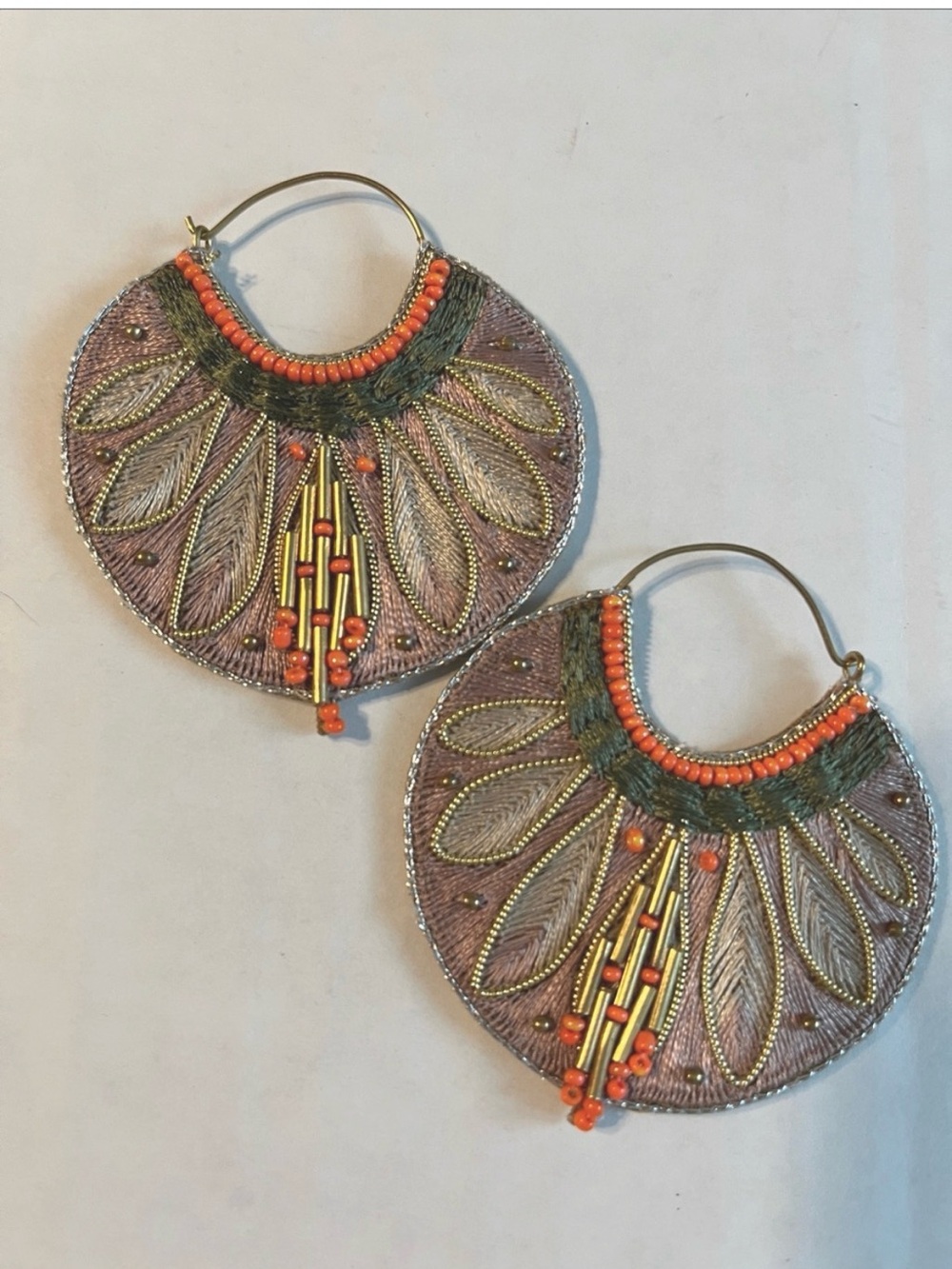 Embroidered Olive Green Hoop Earrings with Orange Bead Accents